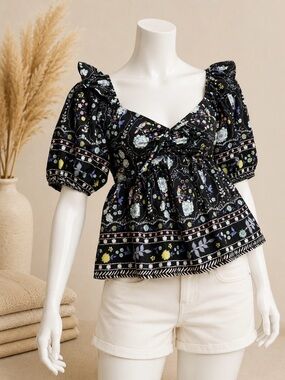 Listicle Black Floral Puff-Sleeve Peplum Blouse